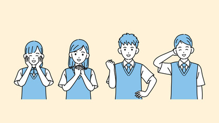 喜ぶ学生　嬉しい　笑顔　中高生　高校生　中学生　男女　友達　イラスト素材