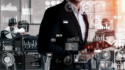 Big Data Technology for Business Finance Analytic conceptual . Modern graphic interface shows massive information of business sale report, profit chart and stock market trends analysis .