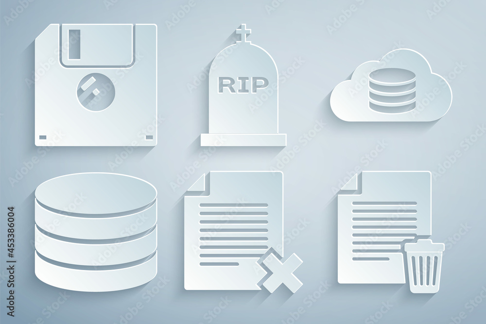 Poster set delete file document, cloud database, database, , tombstone with rip written and floppy disk ico