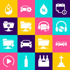 Set Tombstone with cross, Cars, Headphones and CD or DVD, Water drop percentage, FTP folder upload and settings icon. Vector