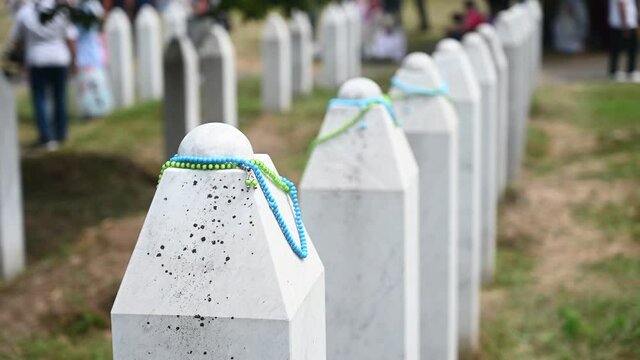 Srebrenica, Bosnia and Herzegovina: Gravestones in Memorial centre Potocari. Cemetery for the victims of the 1995 genocide. Graves. Genocide Cemetery. Victims graveyard.