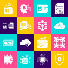 Set Shield with bitcoin, Blockchain technology, Cryptocurrency cloud mining, wallet, Smart contract and icon. Vector