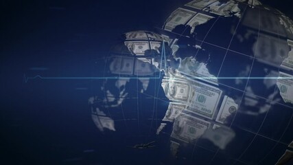 Animation of globe formed with american dollar banknotes and heart rate data processing - Powered by Adobe