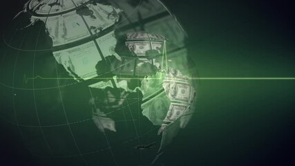 Animation of globe formed with american dollar banknotes and heart rate data processing - Powered by Adobe