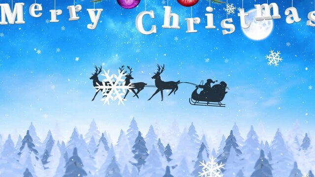 Animation of christmas greetings over santa claus in sleigh with reindeer and snow falling