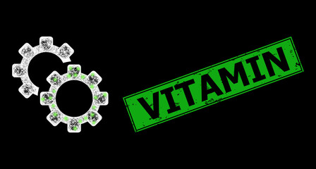 Flare net mesh gears wireframe with light spots, and green rectangular scratched Vitamin seal. Illuminated vector frame created from gears symbol and crossing white lines.