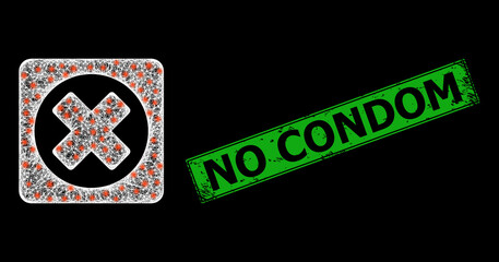 Bright net mesh terminate carcass with bright dots, and green rectangle scratched No Condom stamp seal. Illuminated vector mesh created from terminate pictogram and crossed white lines.
