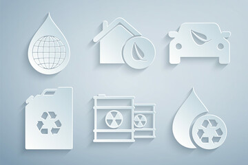 Set Radioactive waste in barrel, Eco car drive with leaf, fuel canister, Recycle clean aqua, friendly house and Earth planet water drop icon. Vector