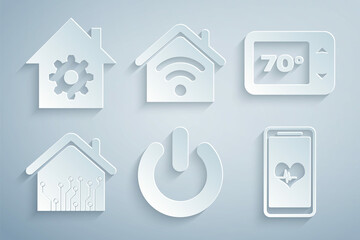 Set Power button, Thermostat, Smart home, Mobile with heart rate, wi-fi and settings icon. Vector
