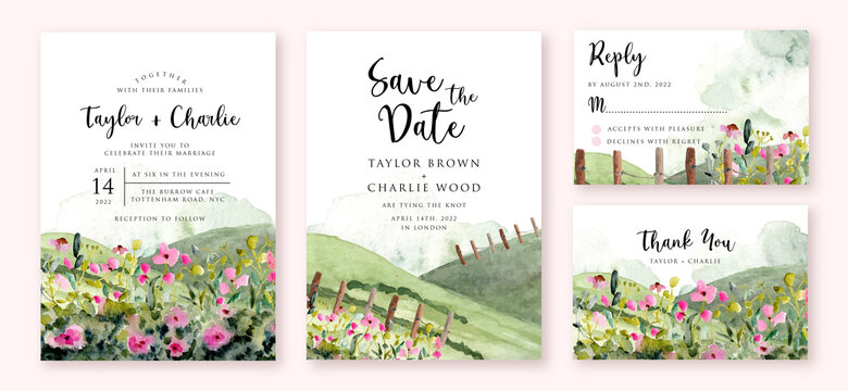 wedding invitation with landscape hill and flower meadow watercolor