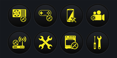 Set Router wi-fi service, Video camera, Crossed wrenchs, Oven, Smartphone, Gamepad, Screwdriver and and Air conditioner icon. Vector