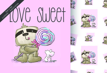 Cartoon cute sloth with sweet candy seamless pattern: can be used for cards, invitations, baby shower, posters  with white isolated background  © sadewotito