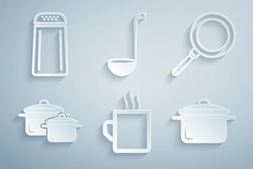 Set Coffee cup, Frying pan, Cooking pot, Kitchen ladle and Salt and pepper icon. Vector