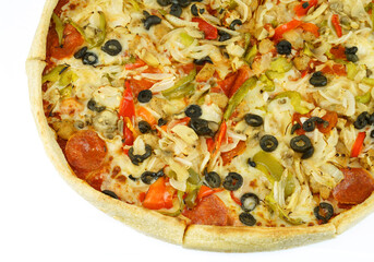 close up view on fresh baked pizza isolated on white background