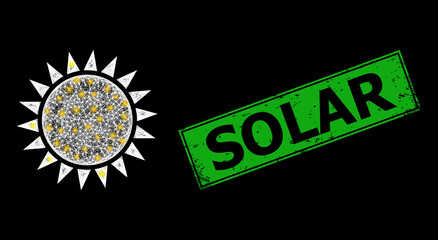 Glowing net mesh sun carcass with light dots, and green rectangle rubber Solar stamp. Constellation vector model created from sun pictogram and crossing white lines.