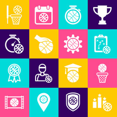 Set Sports winner podium, Basketball ball and basket, Planning strategy, Stopwatch with basketball, Hand, and concept icon. Vector