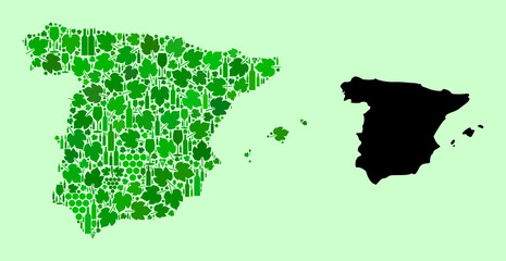 Vector Map of Spain. Combination of green grape leaves, wine bottles. Map of Spain mosaic designed with bottles, grapes, green leaves. Abstract mosaic designed for political propaganda.