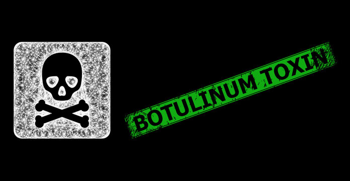Shiny net death box frame with light dots, and green rectangular scratched Botulinum Toxin seal print. Constellation vector frame created from death box symbol and crossed white lines.