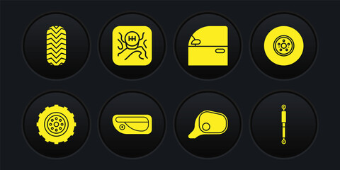 Set Car wheel, brake disk, door handle, mirror, Gear shifter, Shock absorber and tire icon. Vector