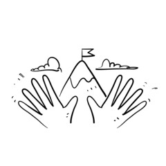 hand drawn doodle mountain with flag on palm hand illustration vector