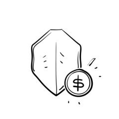 hand drawn doodle shield and money symbol for secure payment guaranteed illustration isolated