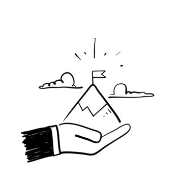 Hand Drawn Doodle Mountain With Flag On Palm Hand Illustration Vector