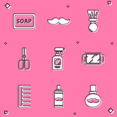 Set Bar of soap with foam, Mustache, Shaving brush, Scissors hairdresser, Hairdresser pistol spray bottle, Hand mirror, Hairbrush and gel icon. Vector