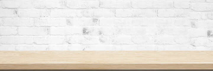 Wood table and white wall background in kitchen, Wooden shelf, counter for food and product display...