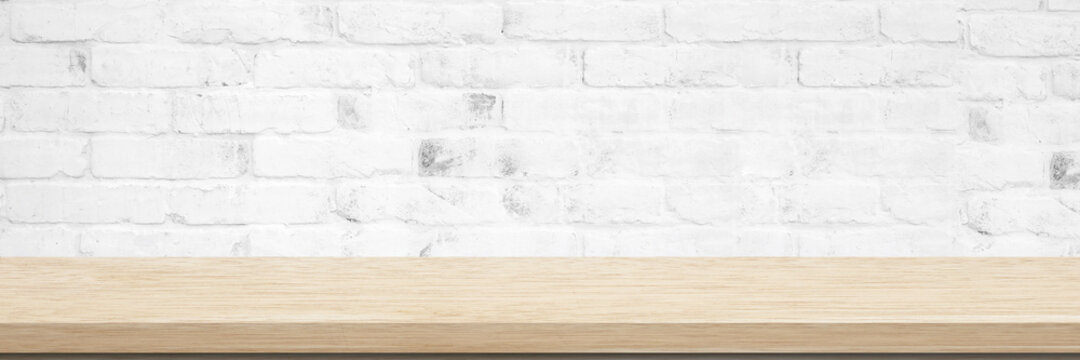 Wood table and white wall background in kitchen, Wooden shelf, counter for food and product display in room background, Wood table top, desk surface banner, mockup, template