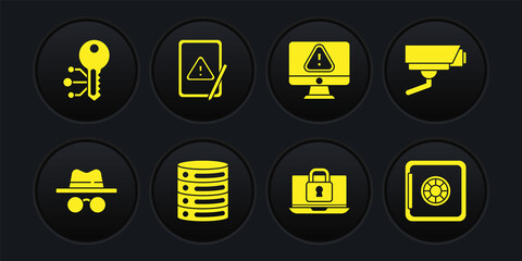 Set Incognito mode, Security camera, Server, Data, Web Hosting, Laptop and lock, Monitor with exclamation mark, Tablet, Safe and Cryptocurrency key icon. Vector