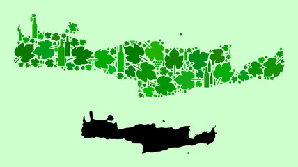 Vector Map of Crete Island. Mosaic of green grape leaves, wine bottles. Map of Crete Island mosaic designed with bottles, berries, green leaves. Abstract mosaic is designed for marketing posters.