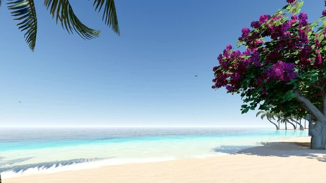 4K Ultra HD 3840x2160. Palm trees on the beach. Turquoise sea, and blue sky landscape. Paradise beach. Beautiful tropical beach and sea with silhouette of coconut palm tree.