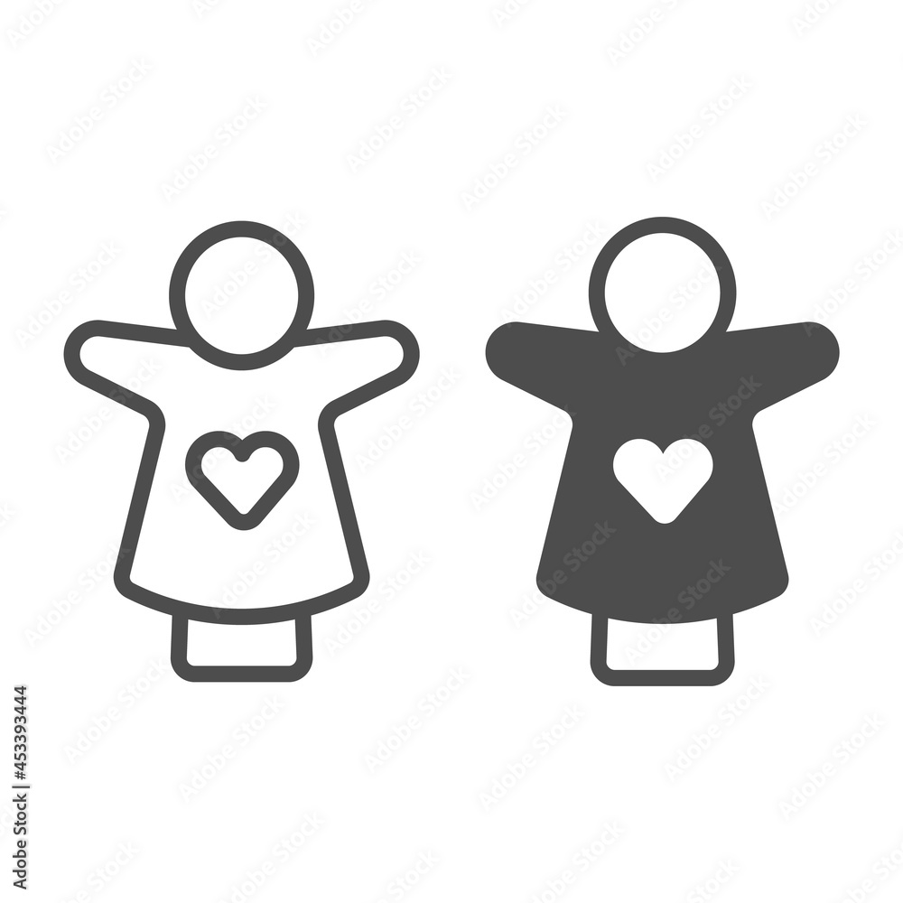 Poster puppet doll with heart on the hand line and solid icon, theater concept, puppet theatre vector sign 