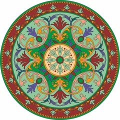Vector round green pattern for stained glass. Oriental floral circle, ceramic tiles, arabesque, plate
