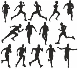 Vector set of running people. Silhouettes of monochrome muscular runners. Sports ficurs athletes, men and women
