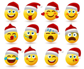 Santa claus smiley character vector set. Santa claus smileys characters in sleeping, singing and scared facial expression for holiday cartoon collection design. Vector illustration.

