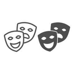 Comedy and tragedy masks, theatrical masks line and solid icon, theater concept, happy sad face vector sign on white background, outline style icon for mobile concept and web design. Vector graphics.