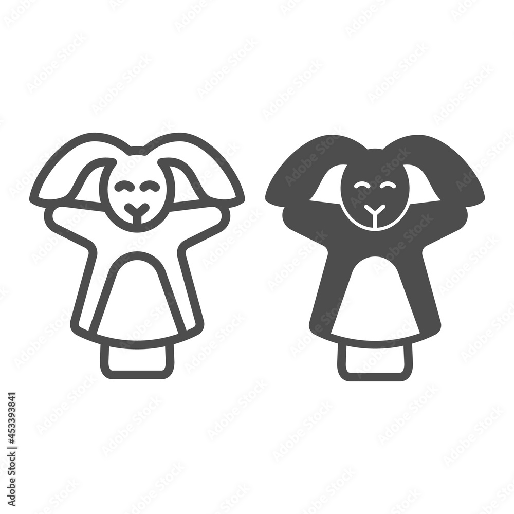 Poster rabbit, bunny puppet on the hand line and solid icon, theater concept, puppet aminals vector sign on