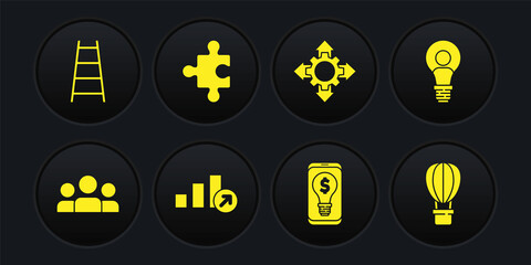 Set Users group, Head with lamp bulb, Financial growth, Light dollar on mobile, Project team base, Piece of puzzle, Hot air balloon and Stair finish flag icon. Vector