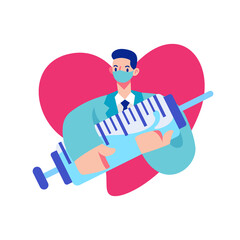 Flat design of doctor wearing face mask and holding giant vaccine syringe needle