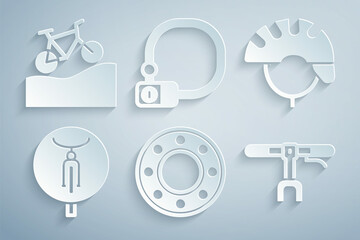 Set Bicycle ball bearing, helmet, handlebar, lock and Mountain bicycle icon. Vector