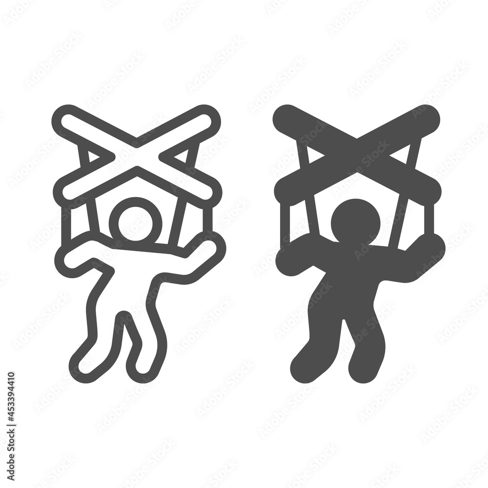 Poster marionette, human puppet on strings, dummy line and solid icon, theater concept, man marionette vect