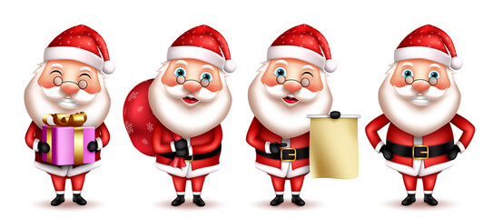 Santa claus christmas character vector set. 3d santa claus characters in friendly and smiling expression showing and giving gift and letter elements for xmas season design collection.