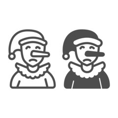 Sad pinocchio doll with a long nose line and solid icon, theater concept, pinnochio vector sign on white background, outline style icon for mobile concept and web design. Vector graphics.