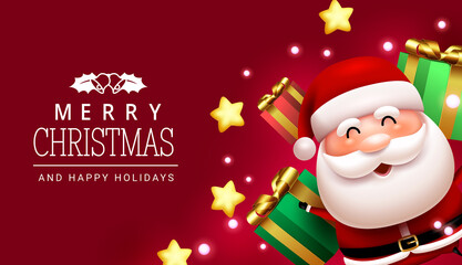 Christmas santa vector background design. Merry christmas text in red space with santa claus character and xmas gifts elements for happy holiday greeting. Vector illustration.  © Zeinous
