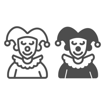 Arlequin, Clown in a hat line and solid icon, theater concept, harlequin costume vector sign on white background, outline style icon for mobile concept and web design. Vector graphics.