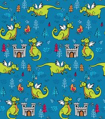 Naklejka na ściany i meble Hand-drawn dragons flying around a medieval scene with fire, forests, and a castle. This vector illustration repeats seamlessly and is great for backgrounds, wallpaper, and surface designs.