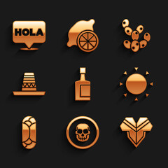 Set Tequila bottle, Mexican skull coin, Poncho, Sun, Burrito, sombrero, Cactus and Hola icon. Vector © vector_v