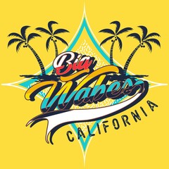 Fototapeta na wymiar surf style print yellow background text big waves california