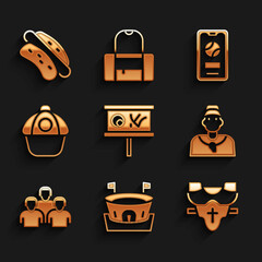 Set Planning strategy, Baseball arena, Player chest protector, coach, Team of baseball players, cap, Mobile with and Hotdog sandwich icon. Vector